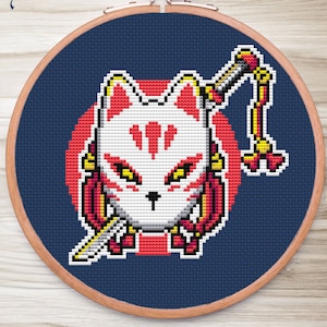 Kitsune with sword Cross Stitch Pattern, Anime Cross Stitch Pattern