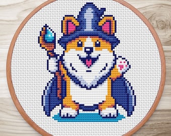 Patrón de punto de cruz de perro Corgi, patrón de punto de cruz de mago