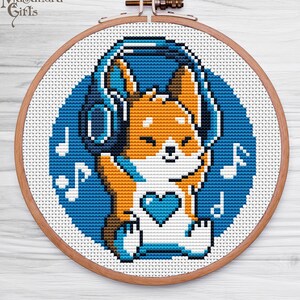 Fox in the headphones Cross Stitch Pattern, Music embroidery
