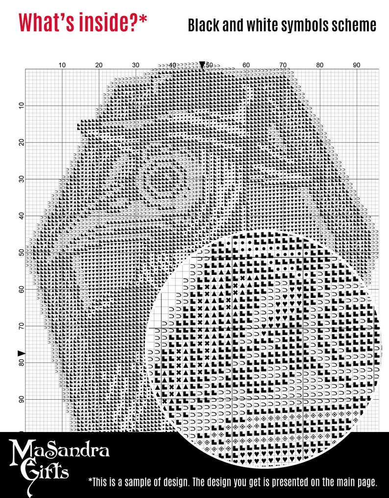 Puede incluir: Gr&aacute;fico de s&iacute;mbolos en blanco y negro para un patr&oacute;n de punto de cruz. El gr&aacute;fico muestra un dise&ntilde;o de una cara con un c&iacute;rculo en el centro. El texto "What's inside?" est&aacute; en la parte superior del gr&aacute;fico.