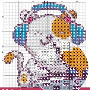 Colorful pixel art scheme . The grid displays various color blocks with corresponding symbols for easy reference. The design includes hearts, squares, and other geometric shapes, creating a vibrant and playful representation. An inset circle magnifies a section of the grid for clarity, making it perfect for crafters and artists interested in cross-stitch or pixel art. Ideal for DIY project enthusiasts and those looking to explore fun crafting ideas.