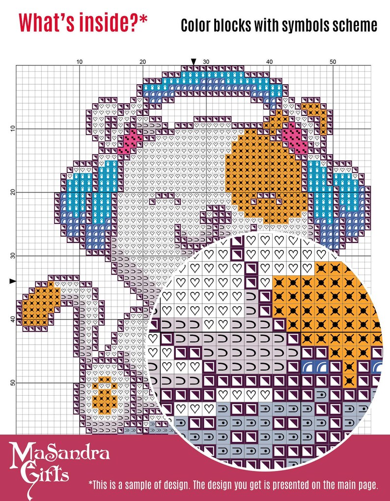 Colorful pixel art scheme . The grid displays various color blocks with corresponding symbols for easy reference. The design includes hearts, squares, and other geometric shapes, creating a vibrant and playful representation. An inset circle magnifies a section of the grid for clarity, making it perfect for crafters and artists interested in cross-stitch or pixel art. Ideal for DIY project enthusiasts and those looking to explore fun crafting ideas.