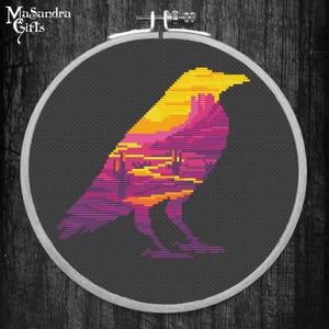 Southwestern Crow Cross-Stitch Pattern: Desert Sunset Landscape (PDF Pattern)