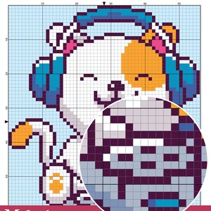 A colorful pixel art pattern, designed for a DIY craft project. The image includes a grid layout for color blocks and a magnified section showcasing detailed pixel arrangements. The text "What's inside?" emphasizes the mystery of the design. The corner includes branding for "Masandra Gifts" and a note that this design is a sample. Perfect for crafting enthusiasts looking for unique pixel art patterns or sewing projects. Ideal for DIY and educational purposes.