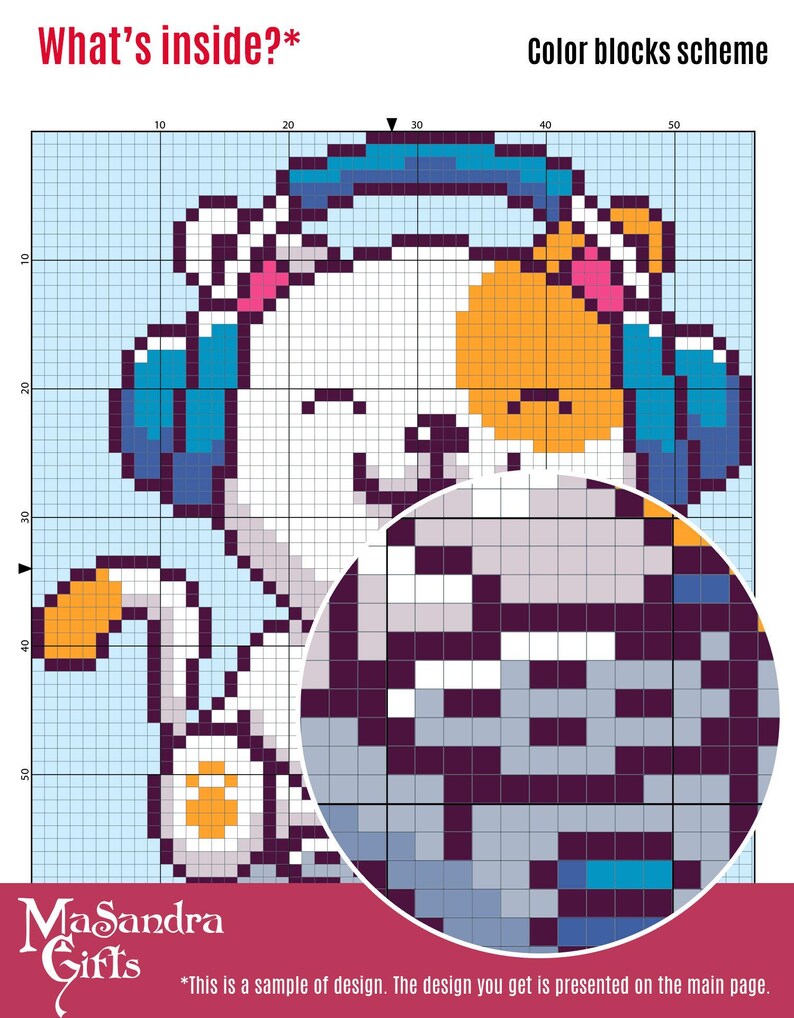 A colorful pixel art pattern, designed for a DIY craft project. The image includes a grid layout for color blocks and a magnified section showcasing detailed pixel arrangements. The text "What's inside?" emphasizes the mystery of the design. The corner includes branding for "Masandra Gifts" and a note that this design is a sample. Perfect for crafting enthusiasts looking for unique pixel art patterns or sewing projects. Ideal for DIY and educational purposes.