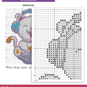 Image showcasing a cross stitch pattern sample from Masandra Gifts. The left side features a colorful design with a legend indicating various DMC thread colors. The right side displays a black and white grid showcasing assorted symbols for cross stitching. The image highlights the availability of both tablet and print versions, emphasizing the detailed symbol guide essential for crafters. Text at the top states "What's inside?" along with the website link for purchasing.