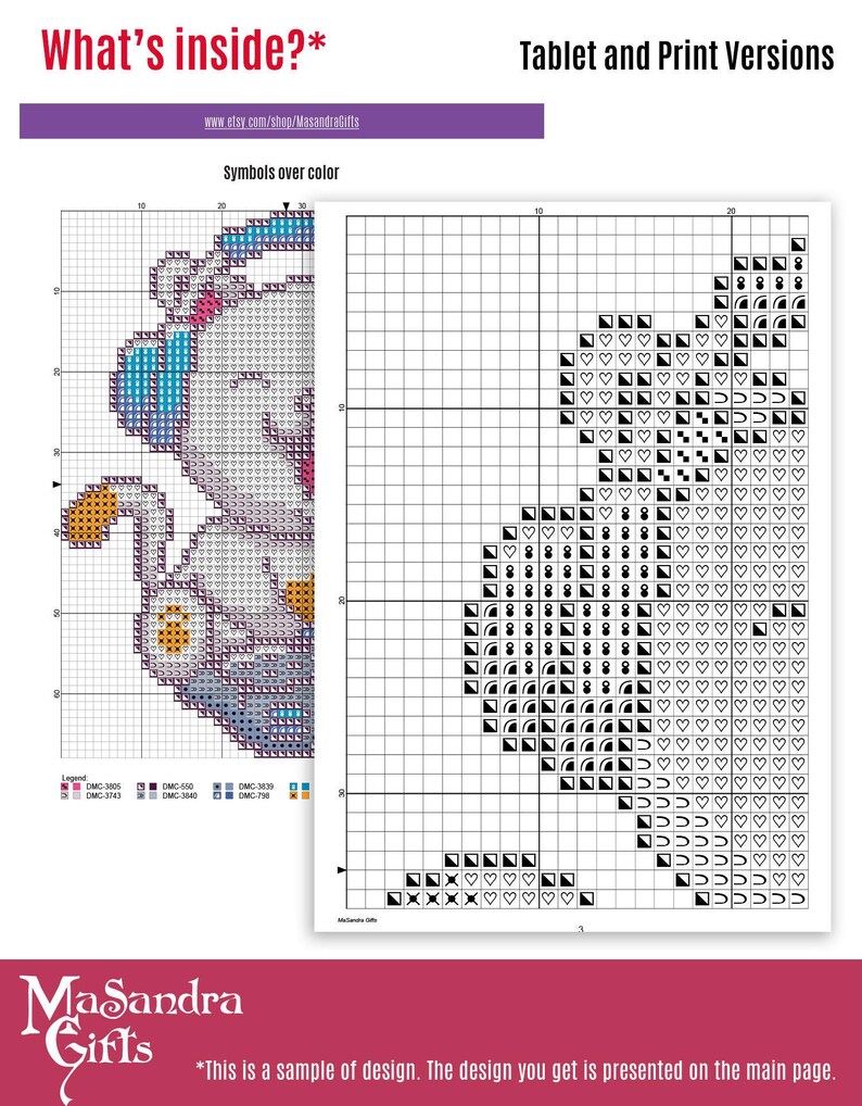 Image showcasing a cross stitch pattern sample from Masandra Gifts. The left side features a colorful design with a legend indicating various DMC thread colors. The right side displays a black and white grid showcasing assorted symbols for cross stitching. The image highlights the availability of both tablet and print versions, emphasizing the detailed symbol guide essential for crafters. Text at the top states "What's inside?" along with the website link for purchasing.
