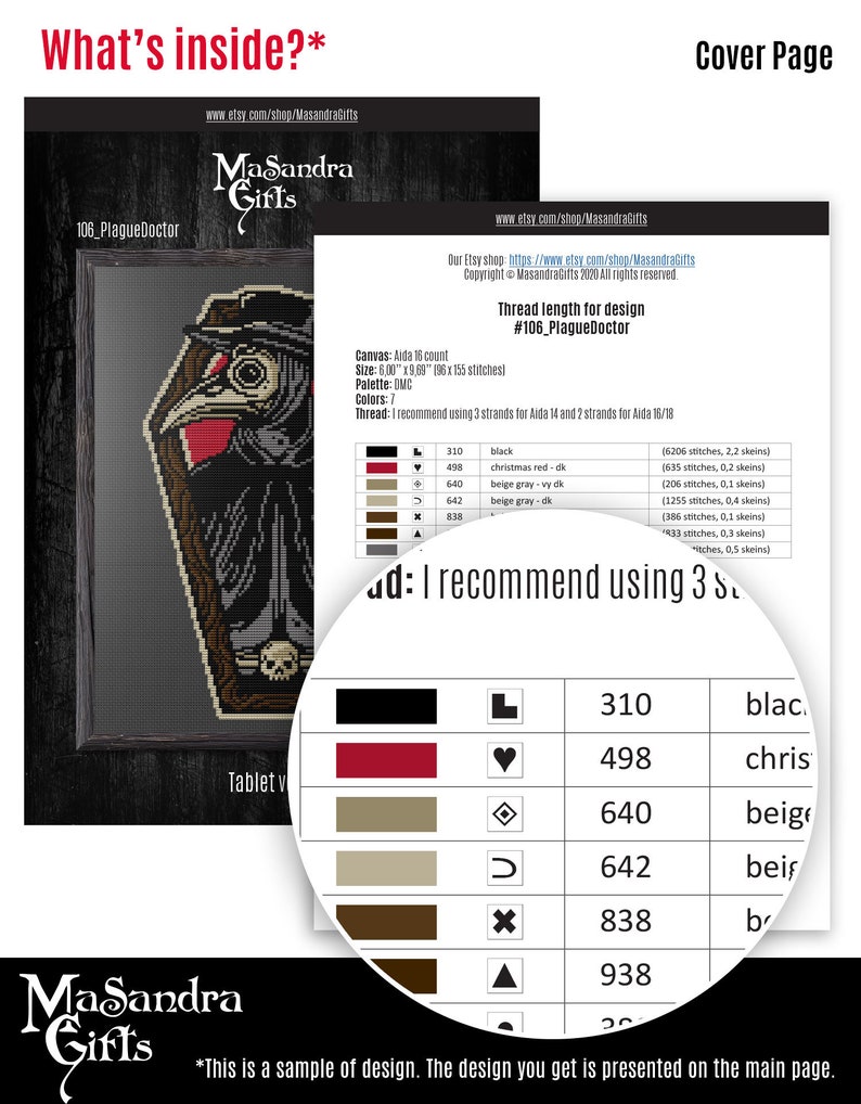 Puede incluir: Un dise&ntilde;o de punto de cruz para un m&eacute;dico de la peste que lleva una m&aacute;scara y sostiene un bast&oacute;n. El dise&ntilde;o est&aacute; sobre un fondo negro con un borde blanco. El patr&oacute;n incluye siete colores: negro, rojo, beige, marr&oacute;n y gris. El dise&ntilde;o tiene 196 puntos de ancho por 155 puntos de alto. El texto "#106_PlagueDoctor" est&aacute; incluido en la imagen.