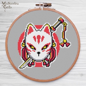 Kitsune with Sword Cross Stitch Pattern: Anime Embroidery (PDF Pattern)