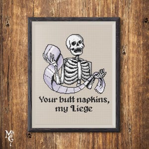 Butt Napkins My Liege Cross Stitch Pattern: Gothic Skeleton Humor Bathroom Decor (PDF Pattern)