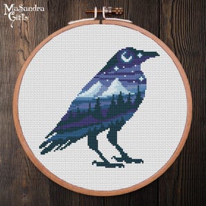 Crow Cross Stitch Pattern: Night Landscape, Witchy Gothic (PDF Pattern)