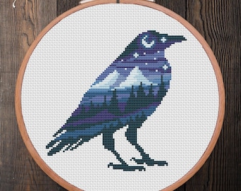 Crow Cross Stitch Pattern: Night Landscape, Witchy Gothic (PDF Pattern)