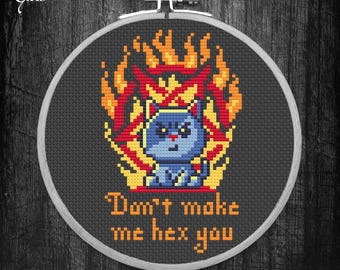 Hell Cat Cross Stitch Pattern, Devil Cat, "Don’t make me hex you"