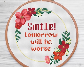 Smile Cross Stitch Pattern: Motivational Quote (PDF Pattern)