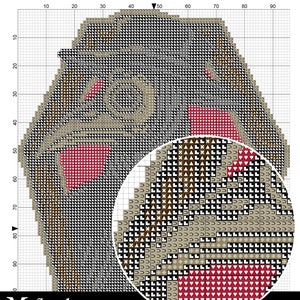 Puede incluir: Un patr&oacute;n de punto de cruz en blanco y negro con un esquema de color marr&oacute;n, rojo y blanco. El patr&oacute;n es un primer plano de una cara con un dise&ntilde;o geom&eacute;trico. El texto "What's inside?" y "Color blocks with symbols scheme" est&aacute; en la parte superior de la imagen.