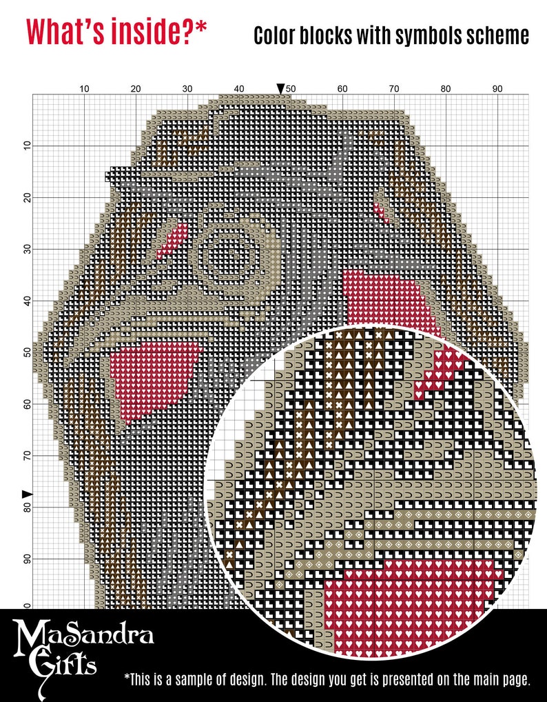 Puede incluir: Un patr&oacute;n de punto de cruz en blanco y negro con un esquema de color marr&oacute;n, rojo y blanco. El patr&oacute;n es un primer plano de una cara con un dise&ntilde;o geom&eacute;trico. El texto "What's inside?" y "Color blocks with symbols scheme" est&aacute; en la parte superior de la imagen.