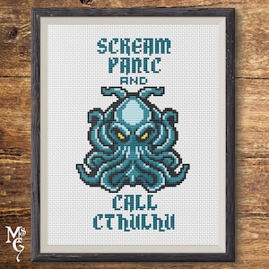 Scream panic and call Cthulhu Cross Stitch Pattern, Cthulhu Cross Stitch Pattern