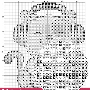 A black and white symbols chart. The grid includes a mix of hearts, arrows, and geometric designs. The artwork is labeled "What's inside?" at the top and is part of a design sample from Masandra Gifts. The circular section at the bottom displays additional symbols. Ideal for crafters interested in pixel art or embroidery patterns.