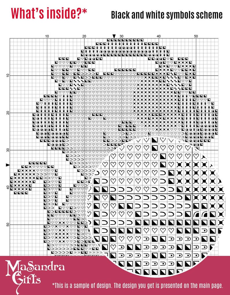 A black and white symbols chart. The grid includes a mix of hearts, arrows, and geometric designs. The artwork is labeled "What's inside?" at the top and is part of a design sample from Masandra Gifts. The circular section at the bottom displays additional symbols. Ideal for crafters interested in pixel art or embroidery patterns.