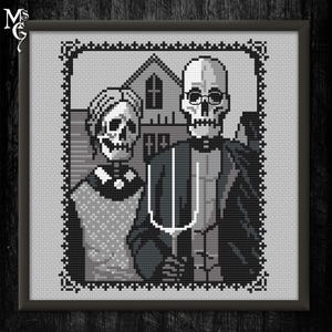 American Gothic Skeleton Cross Stitch Pattern: Dark Art Embroidery (PDF Pattern)