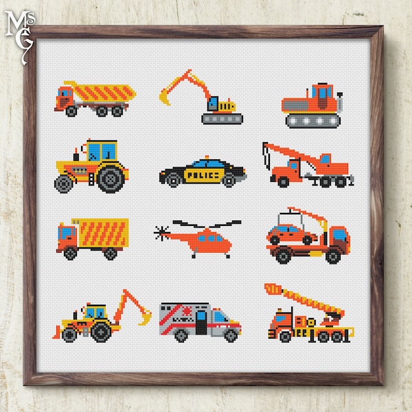 Kruissteekpatroon van voertuigen, perfect voor kinderen en volwassenen, kinderkamerpatroon