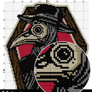 Puede incluir: Un dise&ntilde;o de pixel art en blanco y negro de un m&eacute;dico de la peste con un sombrero y una m&aacute;scara. El dise&ntilde;o est&aacute; en una cuadr&iacute;cula con n&uacute;meros en la parte superior y lateral. El texto "What's inside?" est&aacute; en la parte superior de la imagen. El texto "Color blocks scheme" est&aacute; en la parte superior derecha de la imagen.