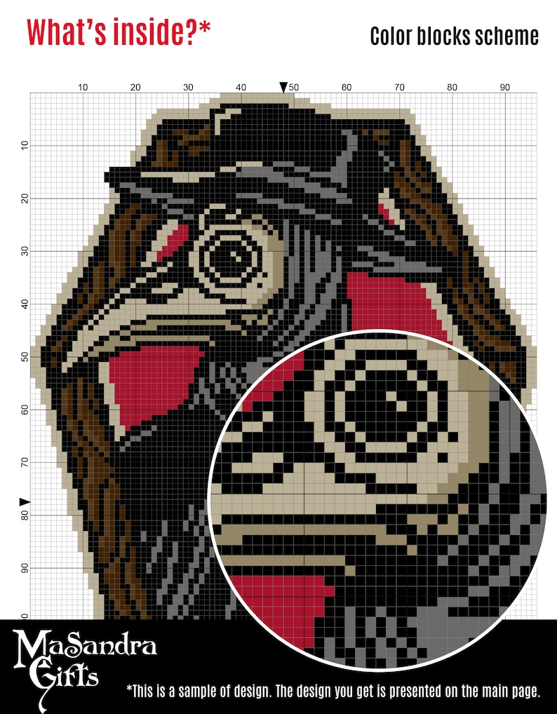 Puede incluir: Un dise&ntilde;o de pixel art en blanco y negro de un m&eacute;dico de la peste con un sombrero y una m&aacute;scara. El dise&ntilde;o est&aacute; en una cuadr&iacute;cula con n&uacute;meros en la parte superior y lateral. El texto "What's inside?" est&aacute; en la parte superior de la imagen. El texto "Color blocks scheme" est&aacute; en la parte superior derecha de la imagen.