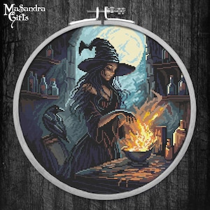Hexe und Rabe Kreuzstich-Muster: Gotische Zaubertrank-Herstellung (PDF-Design)