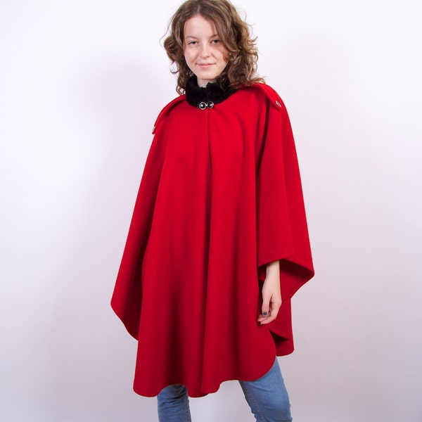 Red Cape Blazer Black Faux Fur Collar Red Cape Coat Red Poncho Womens Oversize Outerwear Size One