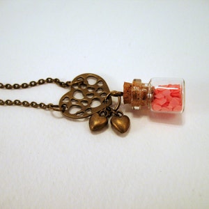 Glass Tiny Bottle Necklace, with Glitter Hearts and Heart Charms, Bronze Chain, Bronze Heart, Bronze Heart Pendant