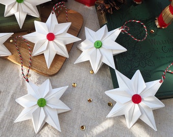 Nordic White Origami Paper Star Christmas Ornament With Glittery Button - Simple Modern Christmas Decoration - Red & White Christmas Decor