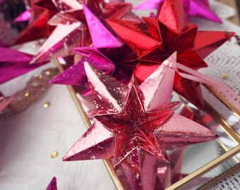 Set of 3 Metallic Pink & Red Paper Stars | Bright Christmas Decoration | Pink Party Decoration Idea | Pink Christmas Ornaments