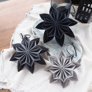 Monochrome Black And Grey Origami Paper Snowflake Ornaments Winter Wedding Decor Winter Photo Props Inspo Product Photography Props image 1