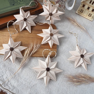 Natural Beige Paper Star With Coconut Button Christmas Decoration Hygge Farmhouse Christmas Ornament image 1