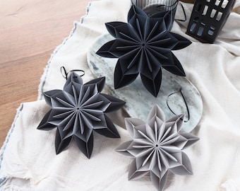 Monochrome Black And Grey Origami Paper Snowflake Ornaments | Winter Wedding Decor | Winter Photo Props Inspo | Product Photography Props