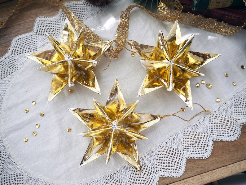 Maximalist Home Metallic Gold Origami Paper Star Decorations Gold Wedding Ornaments Gold Home Accessories Gold Christmas Ornaments image 4