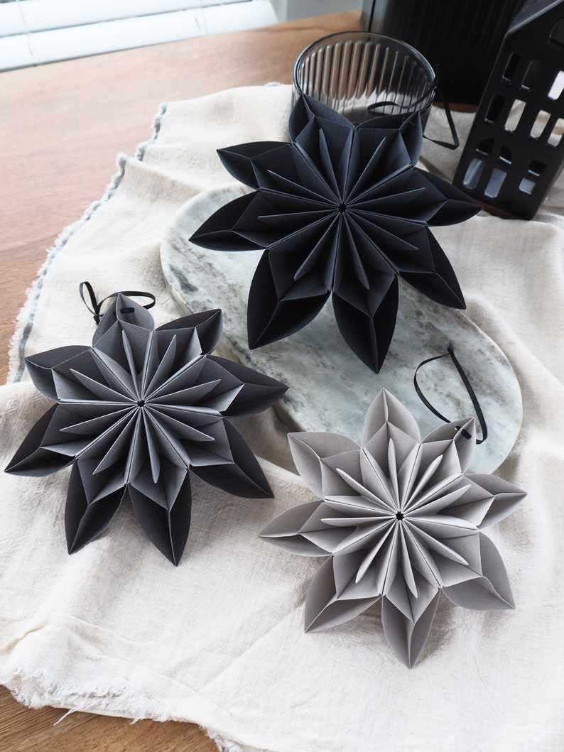 Monochrome Black And Grey Origami Paper Snowflake Ornaments Winter Wedding Decor Winter Photo Props Inspo Product Photography Props image 7