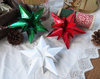 Christmas Paper Star Decoration | Set of 3 Metallic Red/Green/White Decor | Traditional Christmas Dinner Decor | Christmas Party Decoration