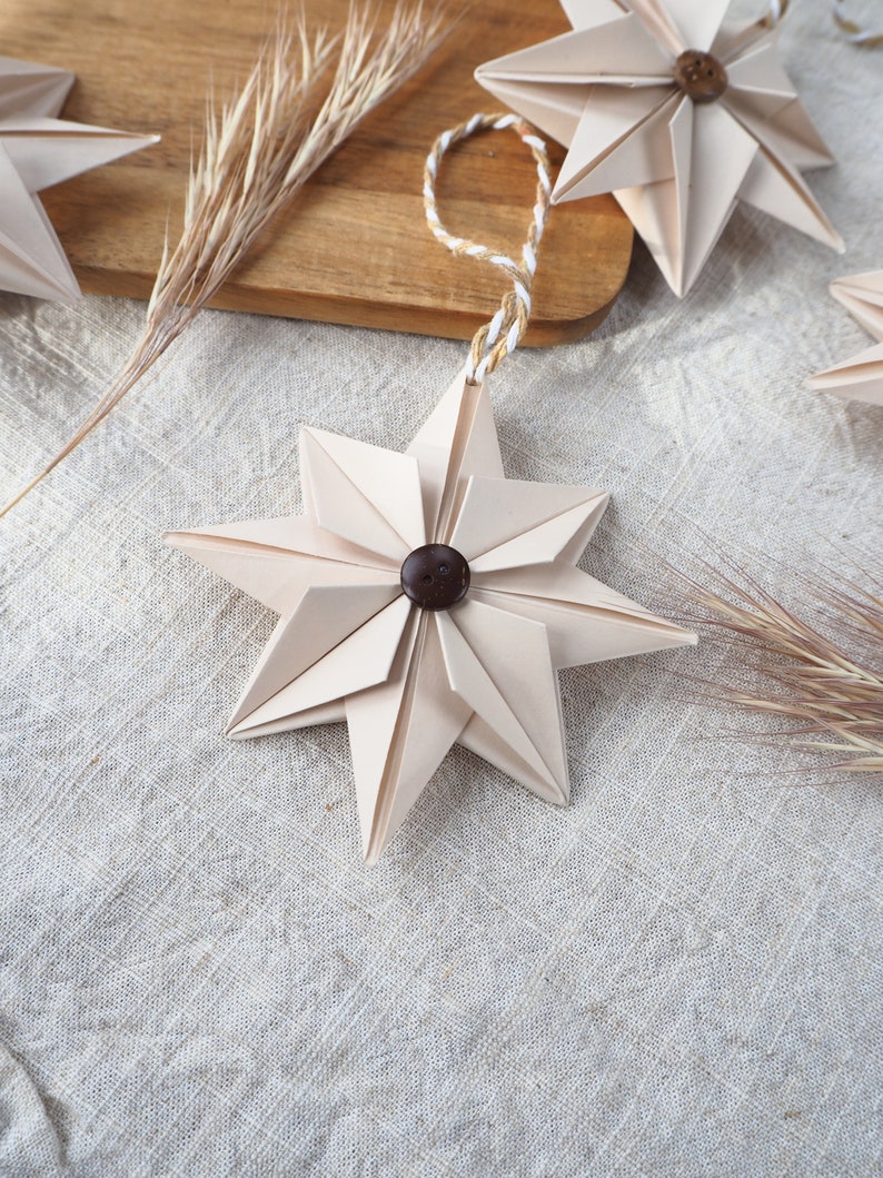 Natural Beige Paper Star With Coconut Button Christmas Decoration Hygge Farmhouse Christmas Ornament image 4