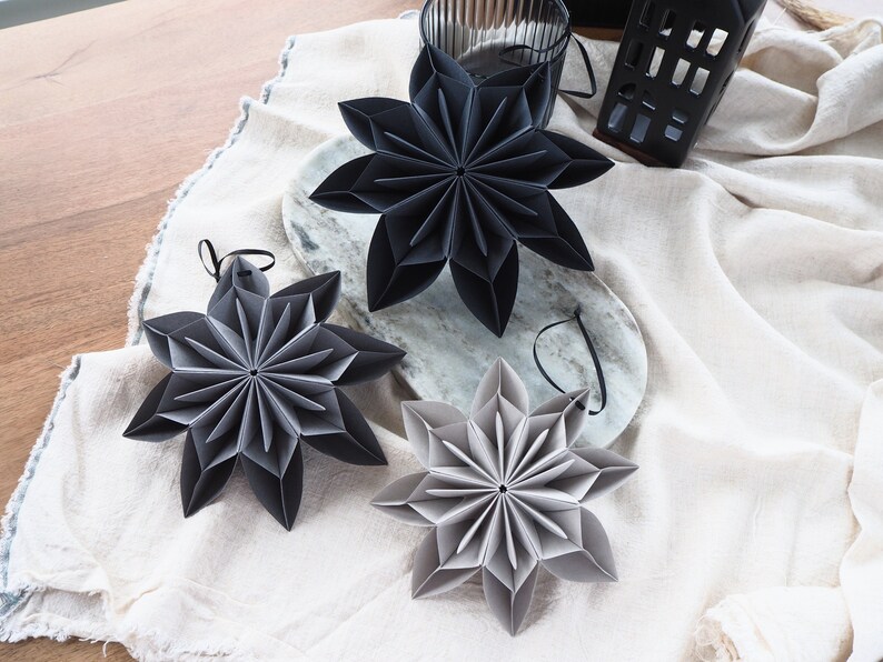 Monochrome Black And Grey Origami Paper Snowflake Ornaments Winter Wedding Decor Winter Photo Props Inspo Product Photography Props image 1