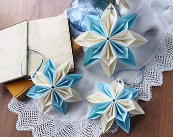 Cozy Pastel Blue & Cream Origami Snowflake Flower Ornaments - Pastel Cottage Core - Baby blue Bedroom Decoration