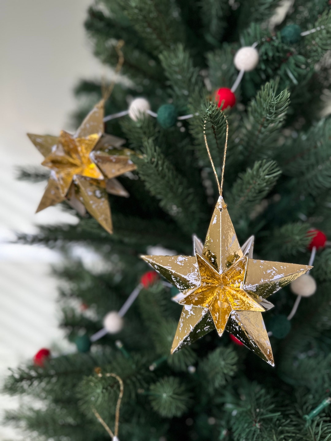 3 Modern Metallic Gold Origami Paper Star Christmas Decoration - Rustic ...