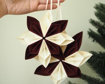 Set of 2 Burgundy Red Christmas Paper Snowflake Decoration | Vintage Dark Academia Holiday Home Ornaments | Christmas Stars Decor