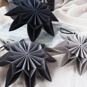 Monochrome Black And Grey Origami Paper Snowflake Ornaments Winter Wedding Decor Winter Photo Props Inspo Product Photography Props image 2