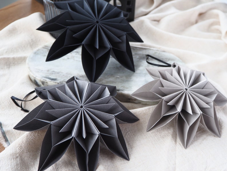 Monochrome Black And Grey Origami Paper Snowflake Ornaments Winter Wedding Decor Winter Photo Props Inspo Product Photography Props image 2