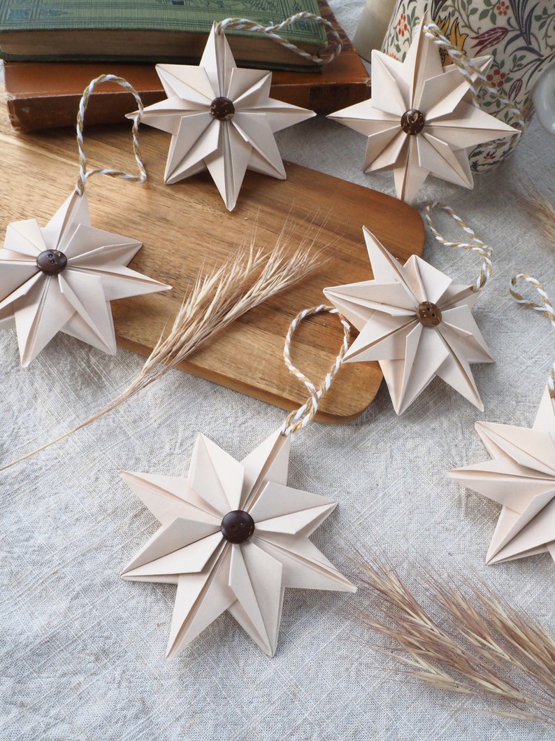 Natural Beige Paper Star With Coconut Button Christmas Decoration Hygge Farmhouse Christmas Ornament image 3