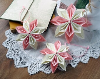 Cozy Pastel Pink & Cream Origami Snowflake Flower Ornaments - pink Cottage Core - Pink Bedroom Decoration