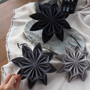 Monochrome Black And Grey Origami Paper Snowflake Ornaments Winter Wedding Decor Winter Photo Props Inspo Product Photography Props image 6