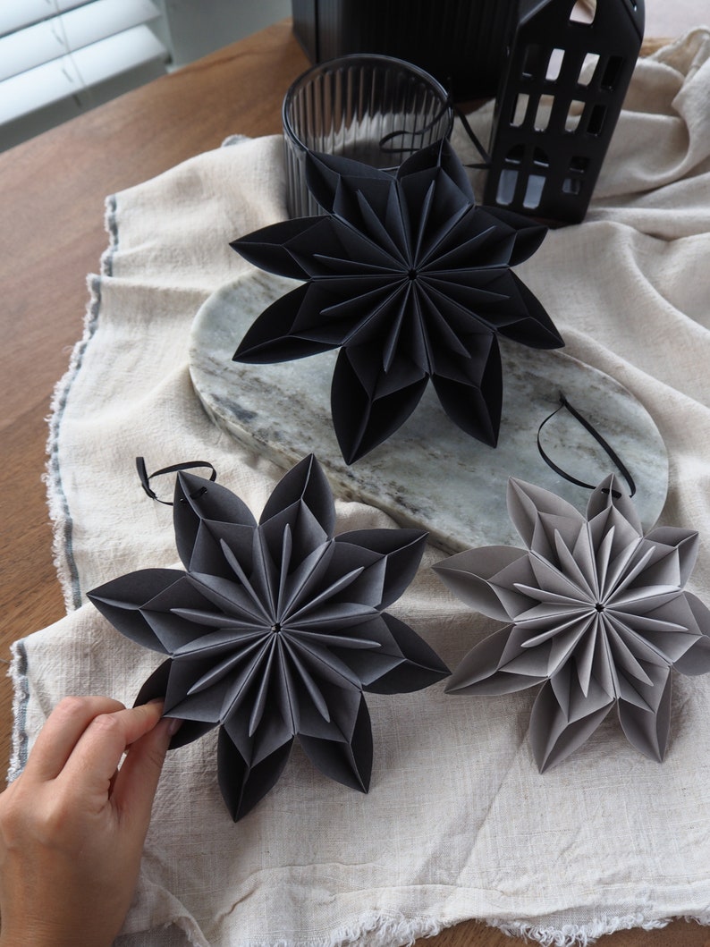 Monochrome Black And Grey Origami Paper Snowflake Ornaments Winter Wedding Decor Winter Photo Props Inspo Product Photography Props image 6