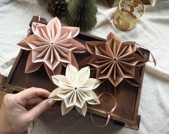 3 Natural Pink Cream & Brown Paper Snowflake Christmas Decoration - Farmhouse Christmas Ornaments - Cottagecore Home Decor